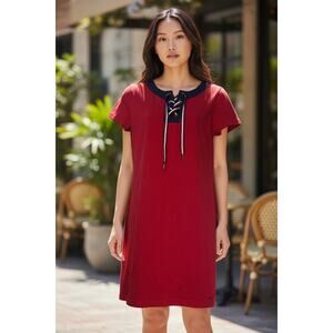 Tommy Hilfiger Lace-Up T-Shirt Dress Red Navy Short Sleeve Casual Preppy Size PM